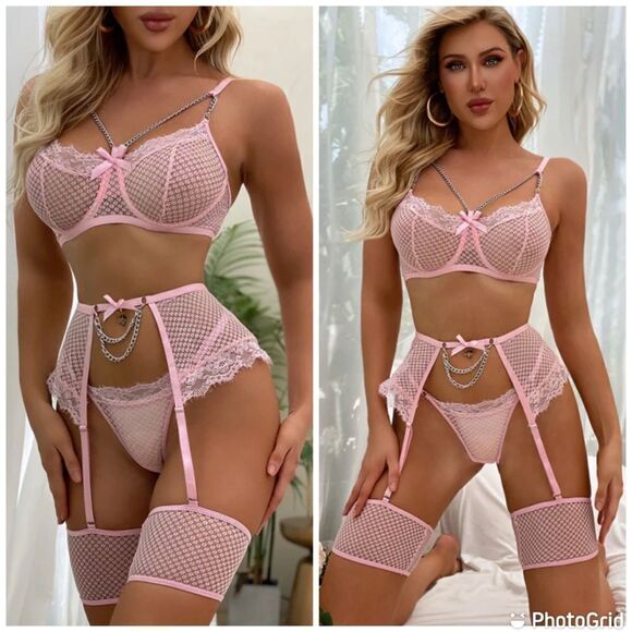 New Lingerie Garter Belt See-Through Erotic Set Lace Bowknot Intimates Thong 3Pc - Picture 1 of 13